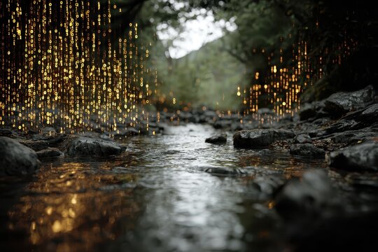 Flow of binary information cascading through a serene stream surrounded by lush greenery and rocky terrain in a tranquil natural setting