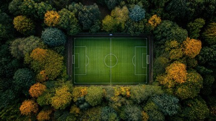 Aerial view of a soccer field surrounded by lush green and autumnal trees, creating a vibrant and natural scene