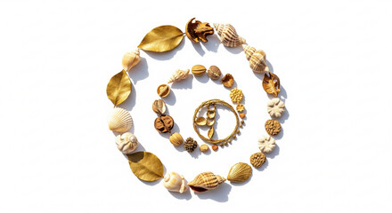 Creative spiral flat lay of sea shells, golden leaves, and dried seeds. Nature mandala top view isolated on white background for organic decoration concepts.