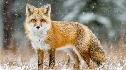 Obraz premium Stunning Red Fox Surrounded by Glistening Snowflakes in a Beautiful Winter Wonderland Landscape