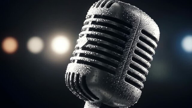 Close-up of a vintage microphone with water droplets against a blurred, illuminated background.