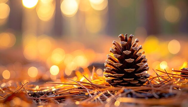 Close up of a detailed pinecone resting on pine needles and forest floor bathed in warm golden sunlight with soft bokeh background and lens flare effect