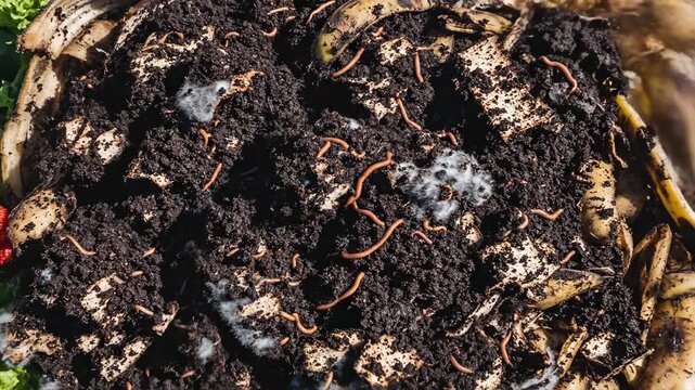 Assortment of fresh produce scraps being added to dark soil for decomposition