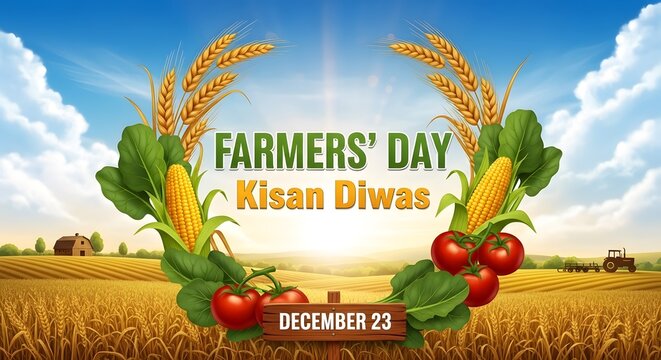 Farmers day kisan diwas illustration with corn, tomatoes, wheat, and tractor in a golden field under a blue sky, celebrating agriculture