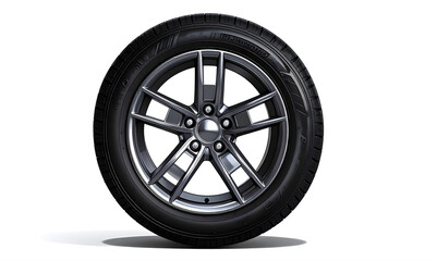 Obraz premium Close up of a car tire with a silver rim on white