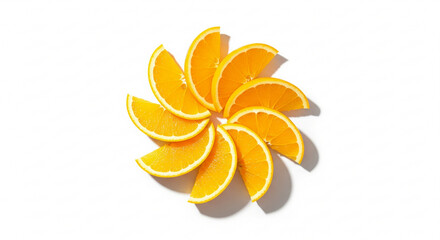 Fresh orange slices arranged in a creative flower or sun shape. Top view flat lay on white background for healthy summer citrus fruit concepts.