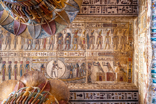 Vibrant Colorful Restored Ancient Egyptian Relief Carvings on Temple Walls