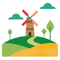 Cartoon windmill on a hill with trees and clouds isolated on transparent background