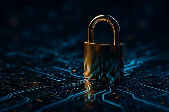 Gold padlocked security lock standing on a glowing blue digital circuit board, symbolizing cyber security, data protection, and technology safety measures