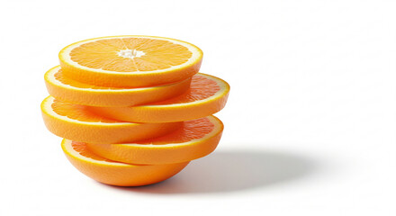 Stack of fresh juicy orange slices isolated on white background. Vibrant citrus fruit pile with shadow for healthy summer diet and Vitamin C concepts.