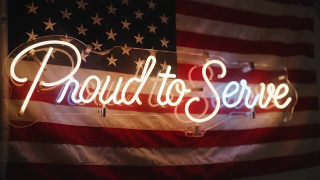 Proud to serve neon sign on american flag backdrop. Veterans day celebration with glowing patriotic text. Military honor and national pride concept.