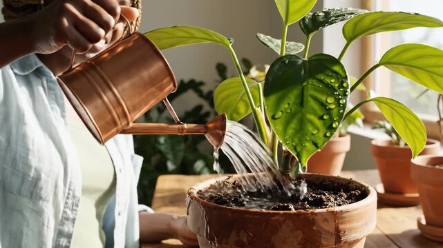 Indoor foliage plant with water droplets on large green leaf in sunlit terracotta pot