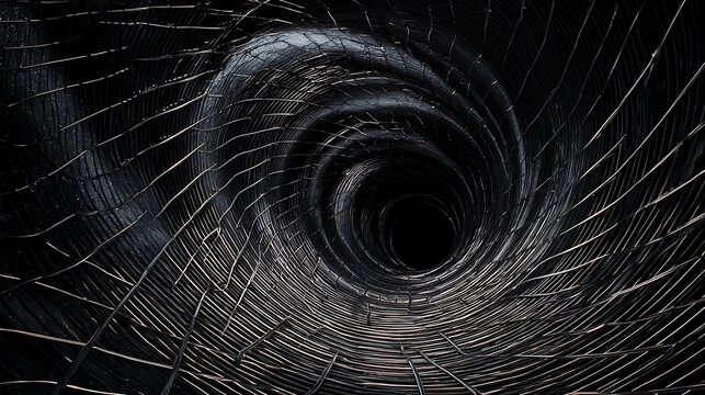 Abstract swirling vortex tunnel of light and dark patterns.