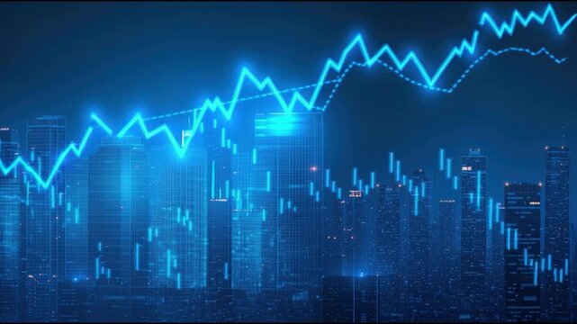 A glowing blue financial graph rises over a futuristic city skyline at night, symbolizing growth and digital economy