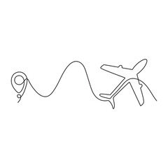 Continuous single line sketch drawing of airplane flying from maps pin pointer location.