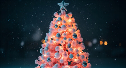 purple christmas tree, christmas tree, holiday lights, purple lights, star topper, golden star, festive, magical, glowing, night scene, city lights, bokeh, holiday decoration, seasonal, winter, christ