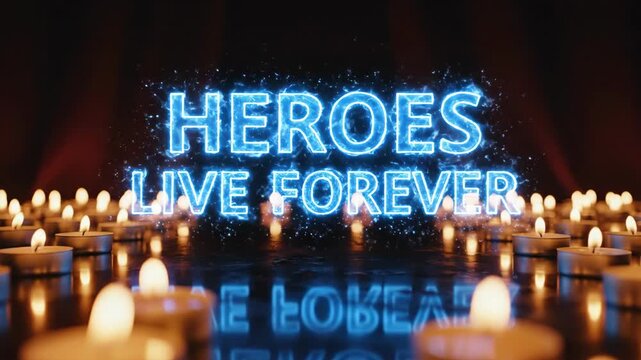 Neon text heroes live forever on dark background with many burning tealight candles. Remembrance concept for memorial day or Veterans day.