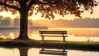 Tranquil Autumn Morning Lakeside Park Scene With A Wooden Bench Under A Golden Foliage Tree Reflecting In Calm Water At Sunrise With Sunbeams Streaming Through Mist