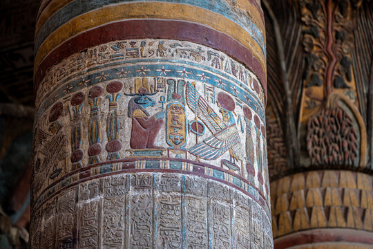 Vibrant Colorful Restored Ancient Egyptian Relief Carvings on Temple Walls