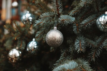 Silver glitter Christmas ornament hanging on a festive pine tree