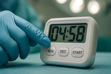 A gloved hand pressing the minute button on a digital timer set to 04:58, highlighting precision and focus in a sterile environment with soft light reflections and clarity.