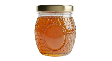 Glass jar filled with golden honey isolated on transparent background