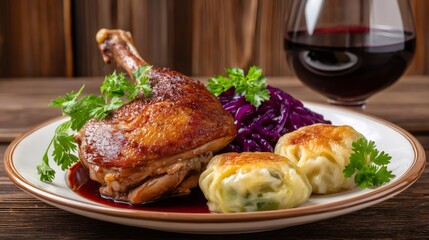Roast duck leg with red cabbage and dumplings