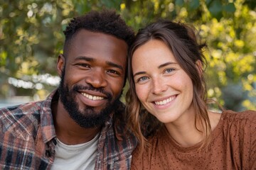 Close up portrait of a diverse couple smiling happily in a sunny outdoor setting, surrounded by green foliage during a warm afternoon