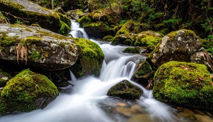 Obraz premium Tranquil Forest Stream With Moss Covered Rocks And Gentle Waterfall Amidst Autumn Foliage Illuminated By Soft Evening Light