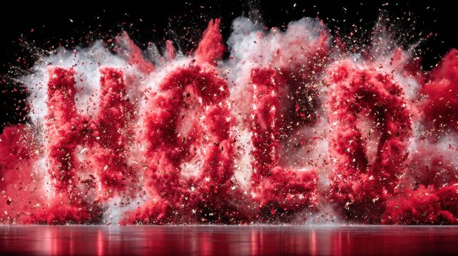 Dynamic red dust explosion forming “HOLD” typography with glowing light burst and sparks over glossy dark floor, futuristic concept for Black Friday sale promotion.