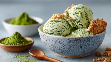 Scoop of matcha ice cream in ceramic bowl, surrounded by matcha powder and waffle crumbs, soft studio lighting and green background, minimal Japanese dessert concept.