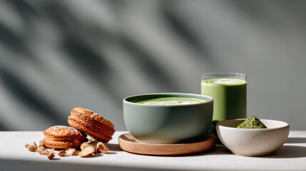 Cup of matcha latte with small dessert plate of matcha madeleine and cookies, warm studio lighting, rising steam, elegant minimal Japanese dessert scene with copy space.