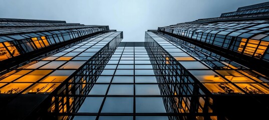 Skyscrapers Towering Above the Cityscape A Stunning Evening Reflection on Glass Facades and Lights