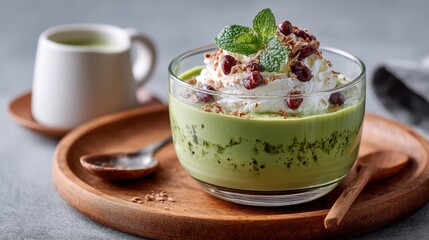 Glass cup of matcha pudding topped with whipped cream, red beans, and mint leaves, on wooden board with milk jug and spoon, minimal Japanese dessert setup with copy space.