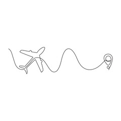 Continuous single line sketch drawing of airplane flying from maps pin pointer location.