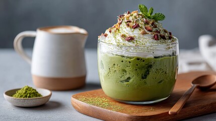 Glass cup of matcha pudding topped with whipped cream, red beans, and mint leaves, on wooden board with milk jug and spoon, minimal Japanese dessert setup with copy space.