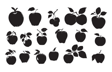 Apple fruit silhouette with set bundle leaves