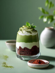 Glass cup of matcha tiramisu layered with cream and sponge, matcha whisk and cocoa sieve beside, elegant minimal Japanese dessert scene with green gradient background and copy space.