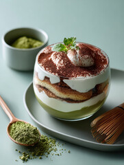 Glass cup of matcha tiramisu layered with cream and sponge, matcha whisk and cocoa sieve beside, elegant minimal Japanese dessert scene with green gradient background and copy space.