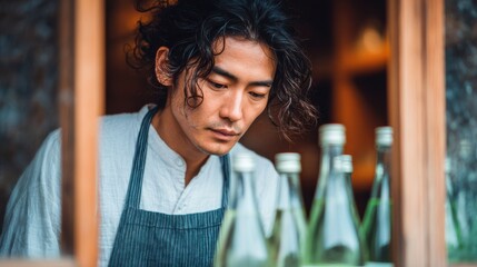 Young Japanese man organizing sake bottles inside a small traditional shop, warm afternoon light, wooden shelves and noren curtain, capturing authentic family-run business atmosphere.