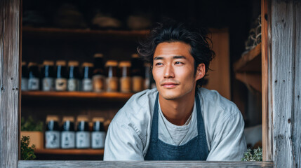 Young Japanese man organizing sake bottles inside a small traditional shop, warm afternoon light, wooden shelves and noren curtain, capturing authentic family-run business atmosphere.