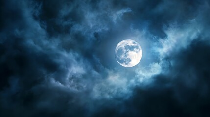 Obraz premium Full moon shining through dark, cloudy night sky.