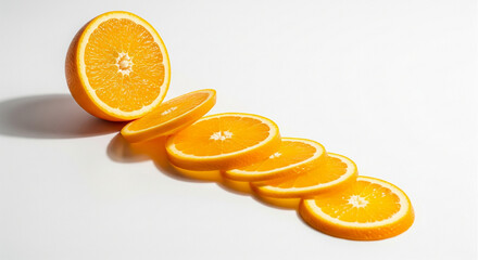 Judul: Fresh orange half standing followed by a row of slices on white background. Creative citrus fruit arrangement with shadows for healthy summer diet concepts.