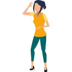 Cartoon Woman In Yellow Top And Teal Pants Standing With Hand On Forehead Gesturing Looking Far Away With Translucent Background Illustration