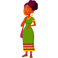 Cartoon Woman Standing With Worry Expression In Green Dress And Pink Bag On White Background