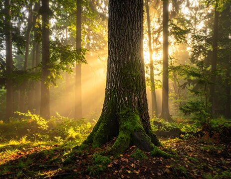 Sunlight streams through a misty forest, illuminating a large tree trunk