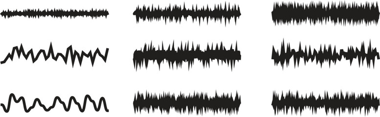 Black abstract sound wave vector collection with eight dynamic line designs. Unique waveform patterns for music, audio, or motion graphic projects. Ideal for modern digital art and technology visuals.