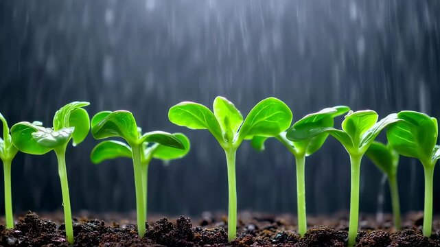 Young green sprouts growing in dark soil with water droplets falling.