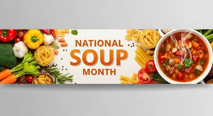 National soup month banner with fresh ingredients and a bowl of hot soup, celebrating the delicious tradition of soup during the month of january