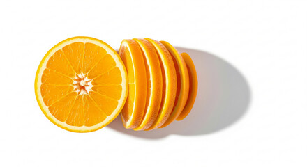 Fresh sliced orange isolated on white background. Juicy citrus fruit arranged with one half facing up, perfect for healthy food, summer, and Vitamin C concepts.